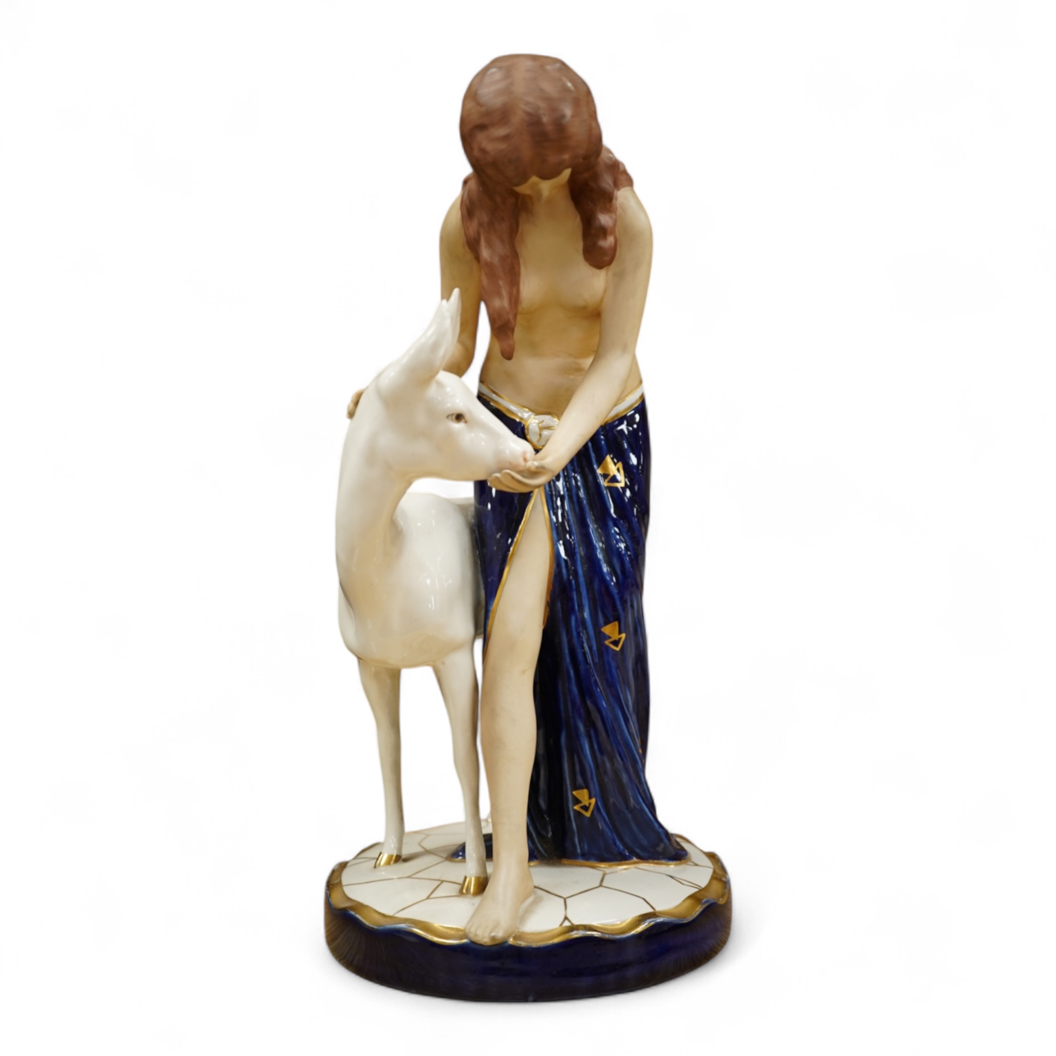 A Royal Dux Art Deco porcelain group of girl with a deer 37.5cm high